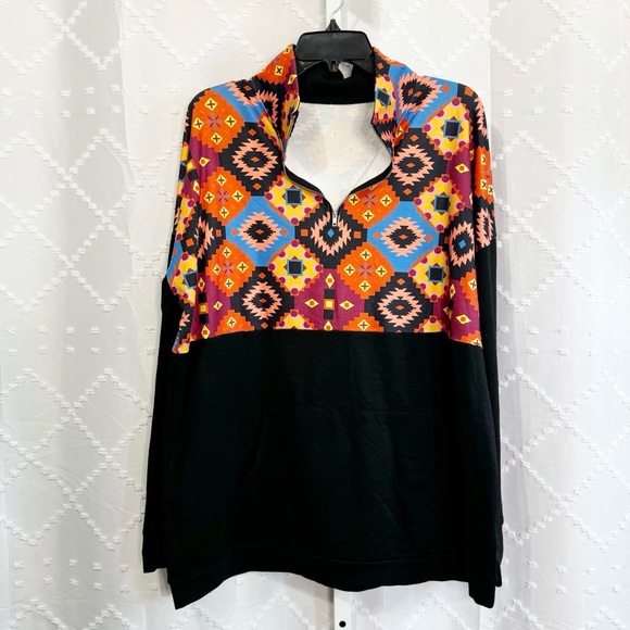 🎲 359. Boho Aztec Print 1/4 Zip Pullover Hoodie Black Multicolor XXL NWOT - Picture 5 of 9
